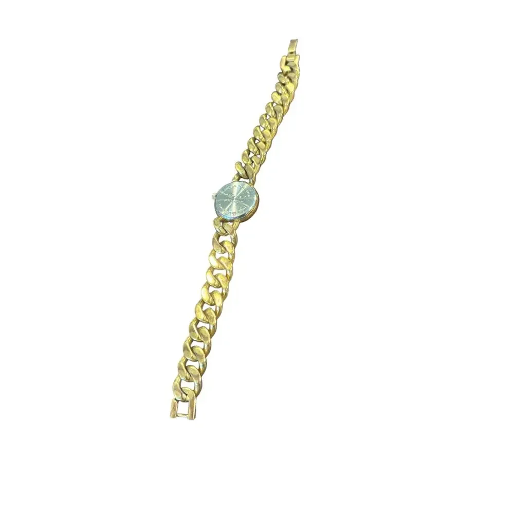 Trifari Gold Chain Bracelet Watch Mother of Pearl Dial 90s Chunky Jewelry Quartz
